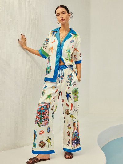 Selma - Broek met contrastbinding en print