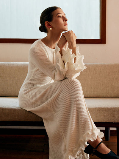 Jade - Semi-Sheer Piping Ruffle Drawstring Knit Dress 