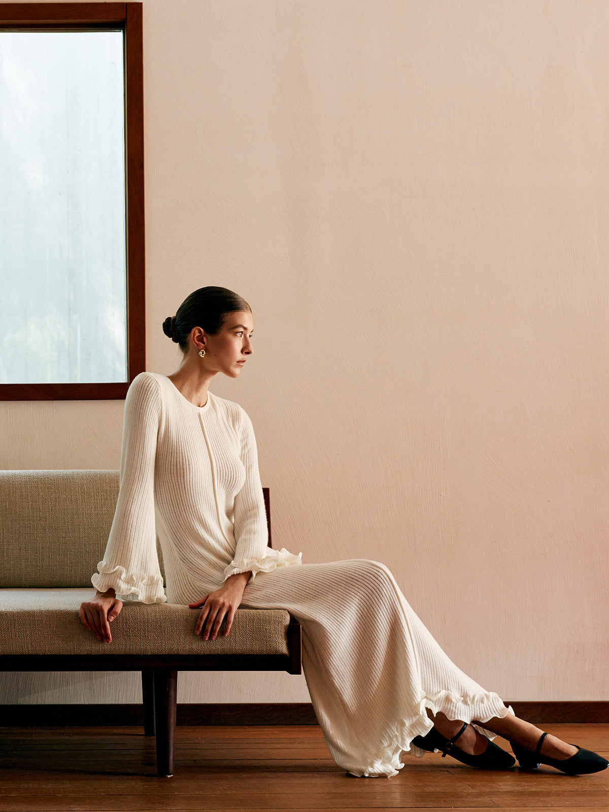 Jade - Semi-Sheer Piping Ruffle Drawstring Knit Dress 