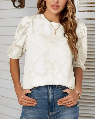 Dames Blouse – Semi Transparant Design met Puff Mouwen en Bloemenreliëf
