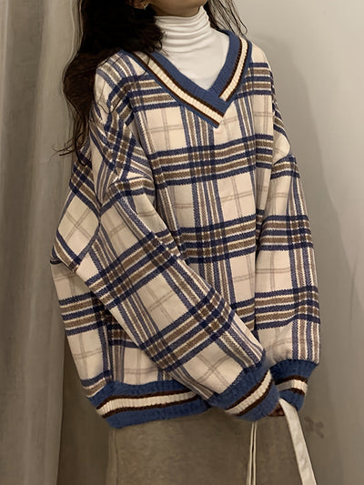 Beverly | Oversized Geruite Trui met V-Hals voor Dames