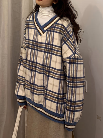 Beverly | Oversized Geruite Trui met V-Hals voor Dames