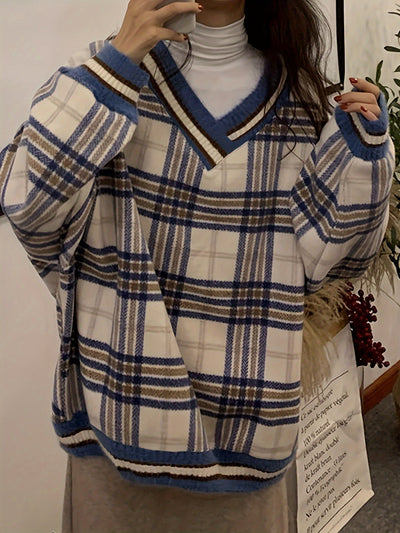 Beverly | Oversized Geruite Trui met V-Hals voor Dames
