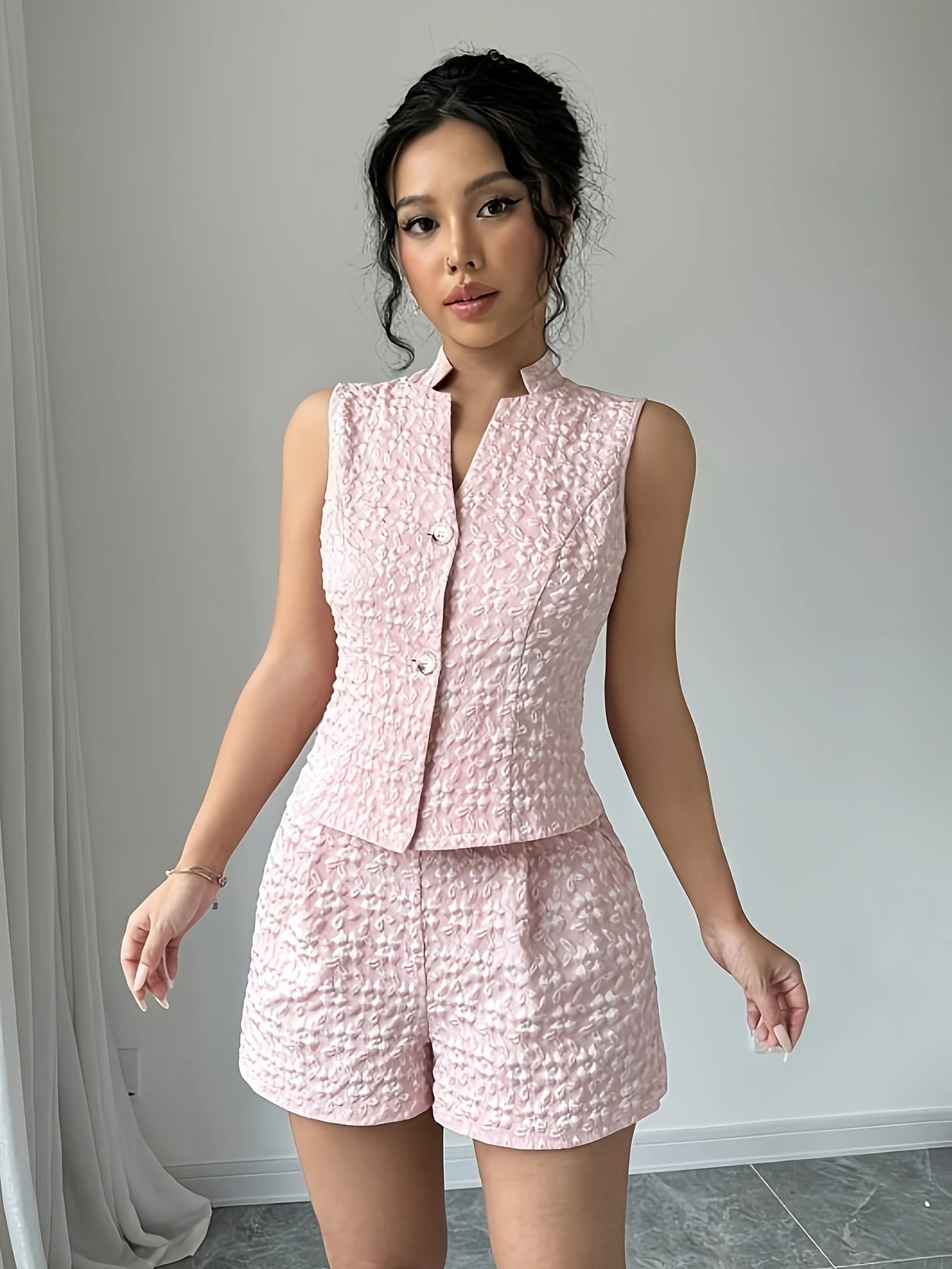 Britt | Stijlvolle Jacquard Tweedelige Set met Gilet en Shorts