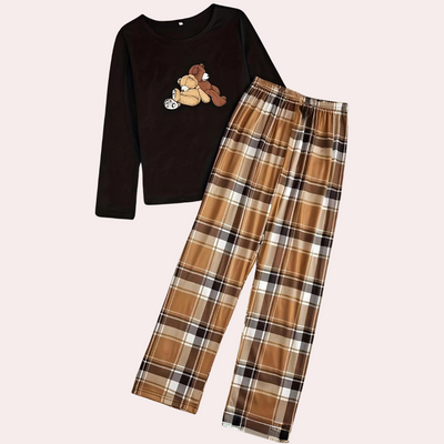 Inge - Comfortable Crew Neck Top and Plaid Pants Ensemble