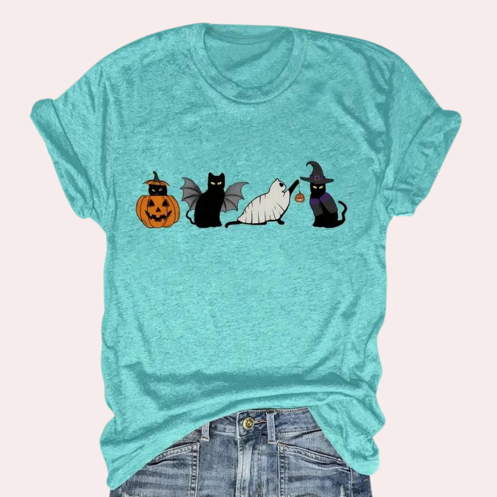Kati - Playful cat &amp; pumpkin graphic shirt