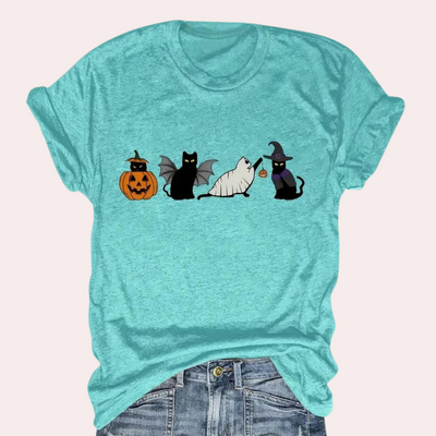 Kati - Playful cat &amp; pumpkin graphic shirt
