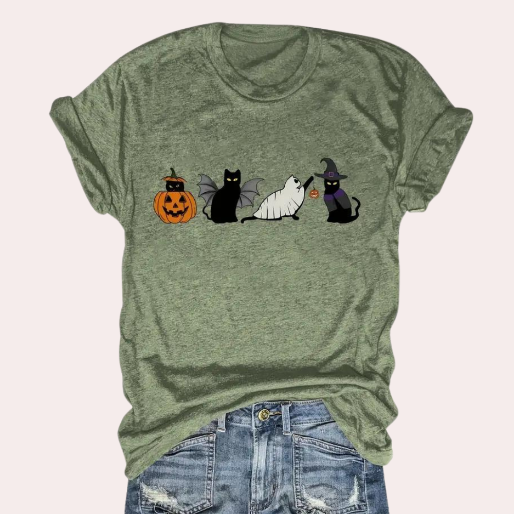 Kati - Playful cat &amp; pumpkin graphic shirt