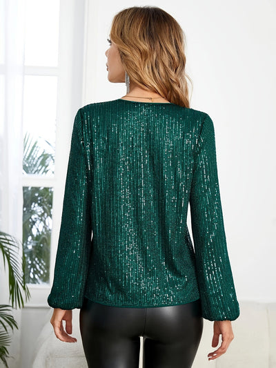Camille | Elegante Pailletten Blouse met V-hals en Ballonmouwen