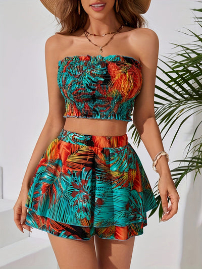 Caroline | Tropische Tweedelige Set met Bandeau Top en Shorts