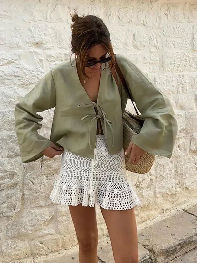 Jade - Oversized Long Blouse with Bow 