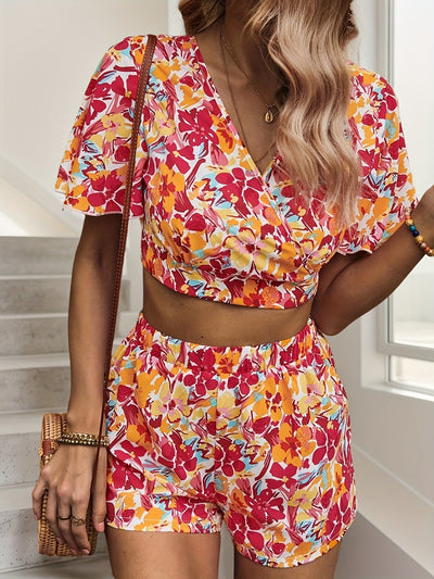 Clara | Bloemenprint Zomer Set met Korte Mouwen en V-Hals