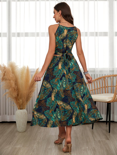 Colette | Tropische Bladprint Jurk met Split en Bandjes