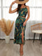 Colette | Tropische Bladprint Jurk met Split en Bandjes