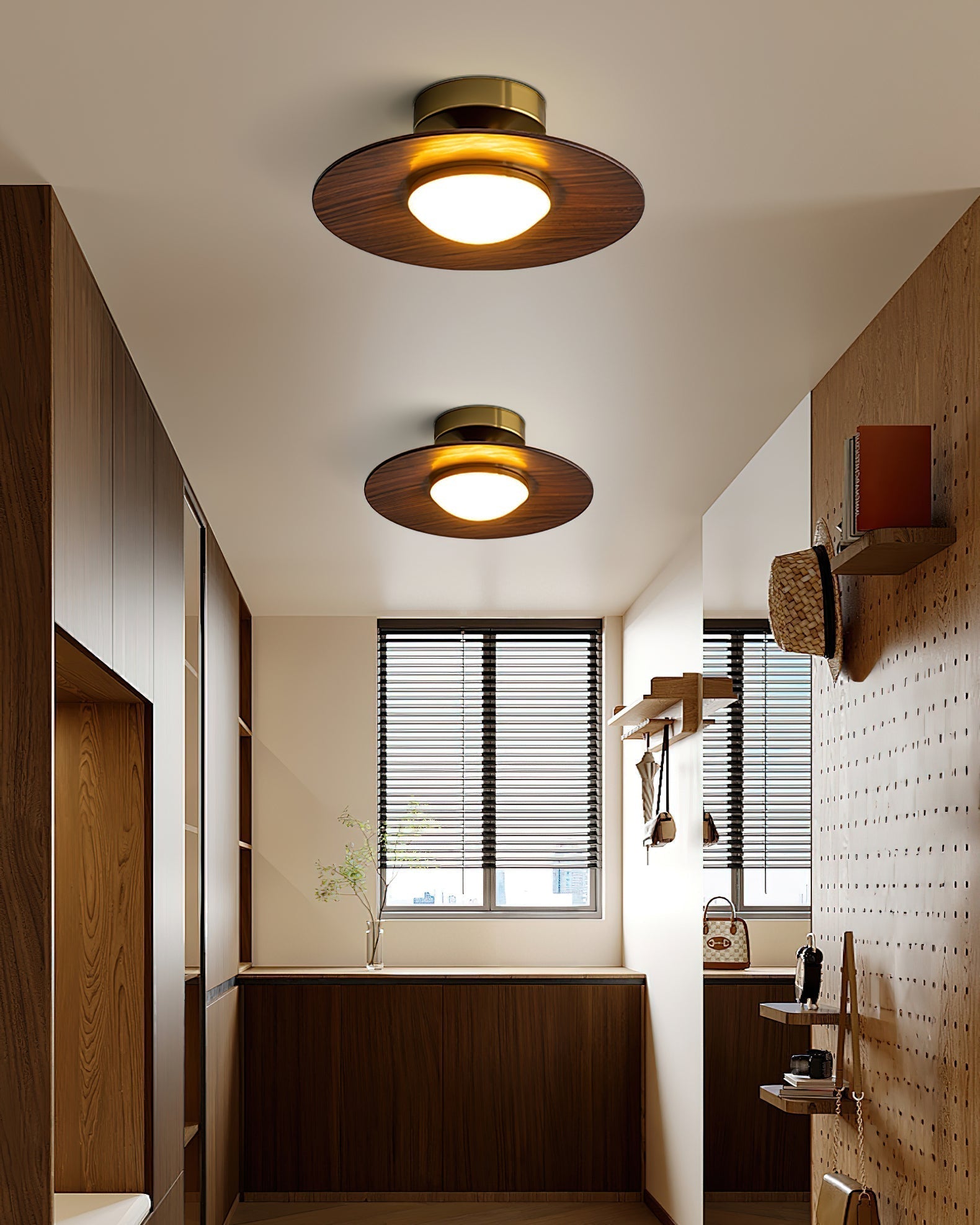 Cedora - Contemporary Flush Mount LED Ceiling Light Metal Frame Wood Accent 24cm