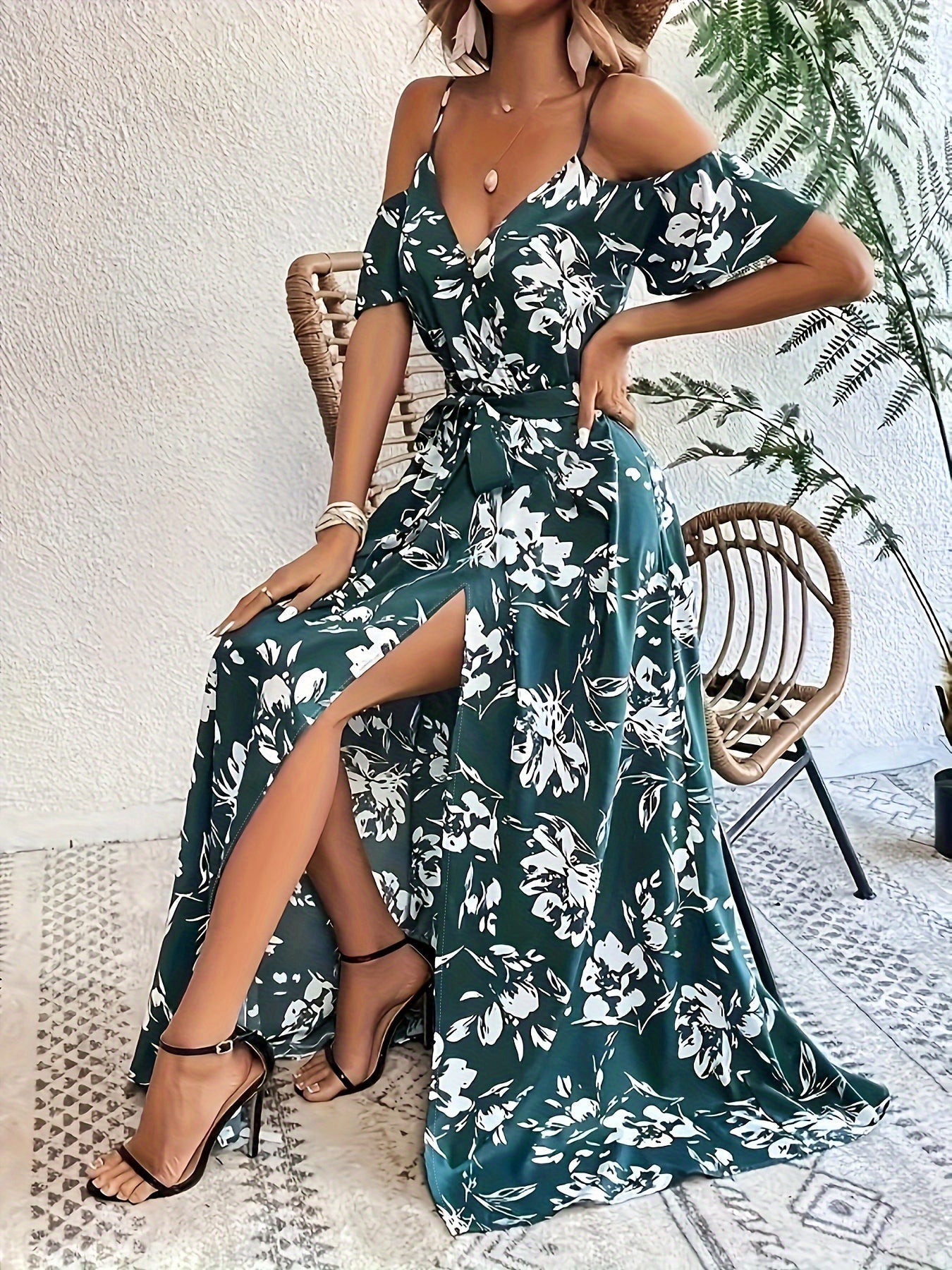 Courtney | Elegante Bloemenprint Maxi Jurk met Koude Schouders