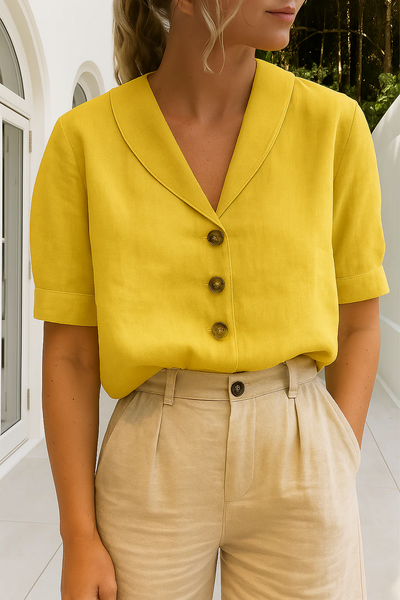 Dames blouse met sjaalkraag – Korte mouwen en knoopsluiting vooraan