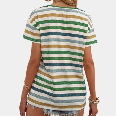 Gestreept dames T-shirt met V-hals – Korte mouwen en rechte pasvorm