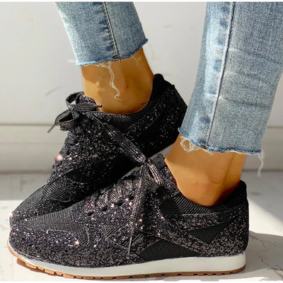 Dames sneakers met glitters – Mesh inzetstukken en vetersluiting