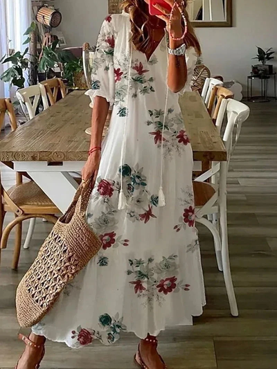 Dames maxi-jurk met bloemenprint – Luchtige pasvorm en V-hals