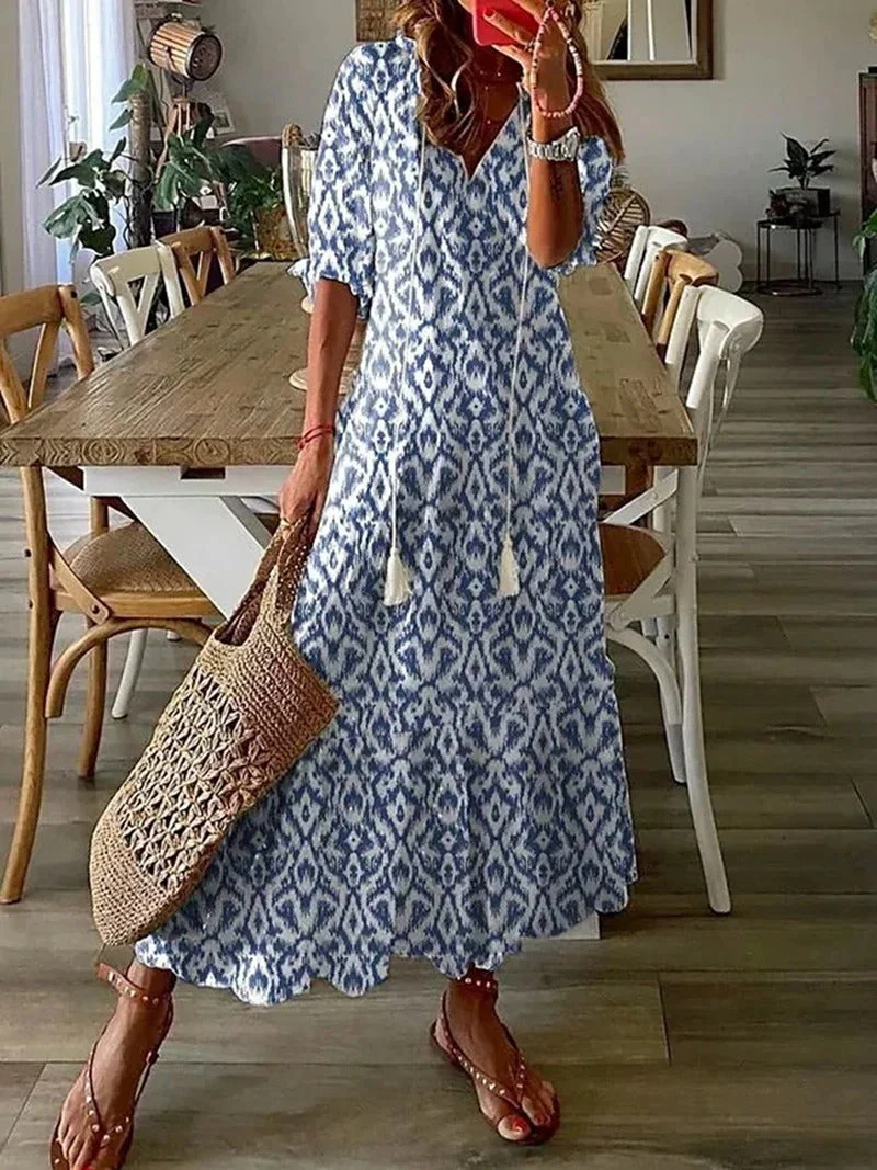 Dames maxi-jurk met bloemenprint – Luchtige pasvorm en V-hals