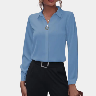 Dames blouse met lange mouwen – Klassieke kraag en metalen detail