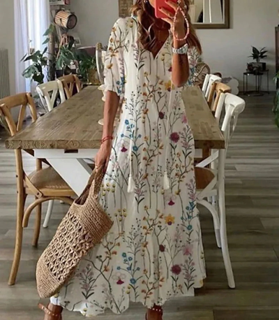 Dames maxi-jurk met bloemenprint – Luchtige pasvorm en V-hals