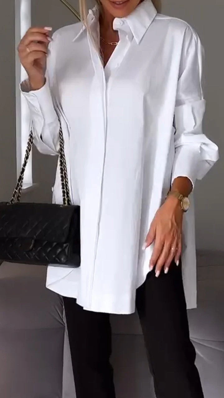 Oversized damesblouse met lange mouwen – Klassiek kraagmodel en verborgen knopen
