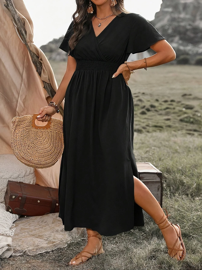 Midi damesjurk met overslag – Korte mouwen en elastische taille