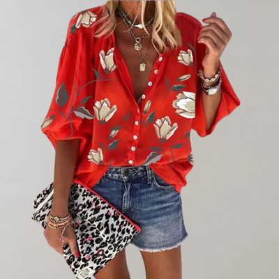 Damesblouse met bloemenprint – Korte mouwen en knoopsluiting