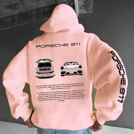 Hoodie with sports car print – Back design with typography and sleeve print 