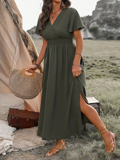 Midi damesjurk met overslag – Korte mouwen en elastische taille