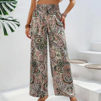 Airy trousers with paisley print – Elastic waistband and straight legs