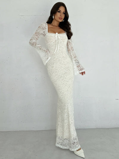 Désirée | Elegante Maxi Jurk met Kant en Uitlopende Mouwen