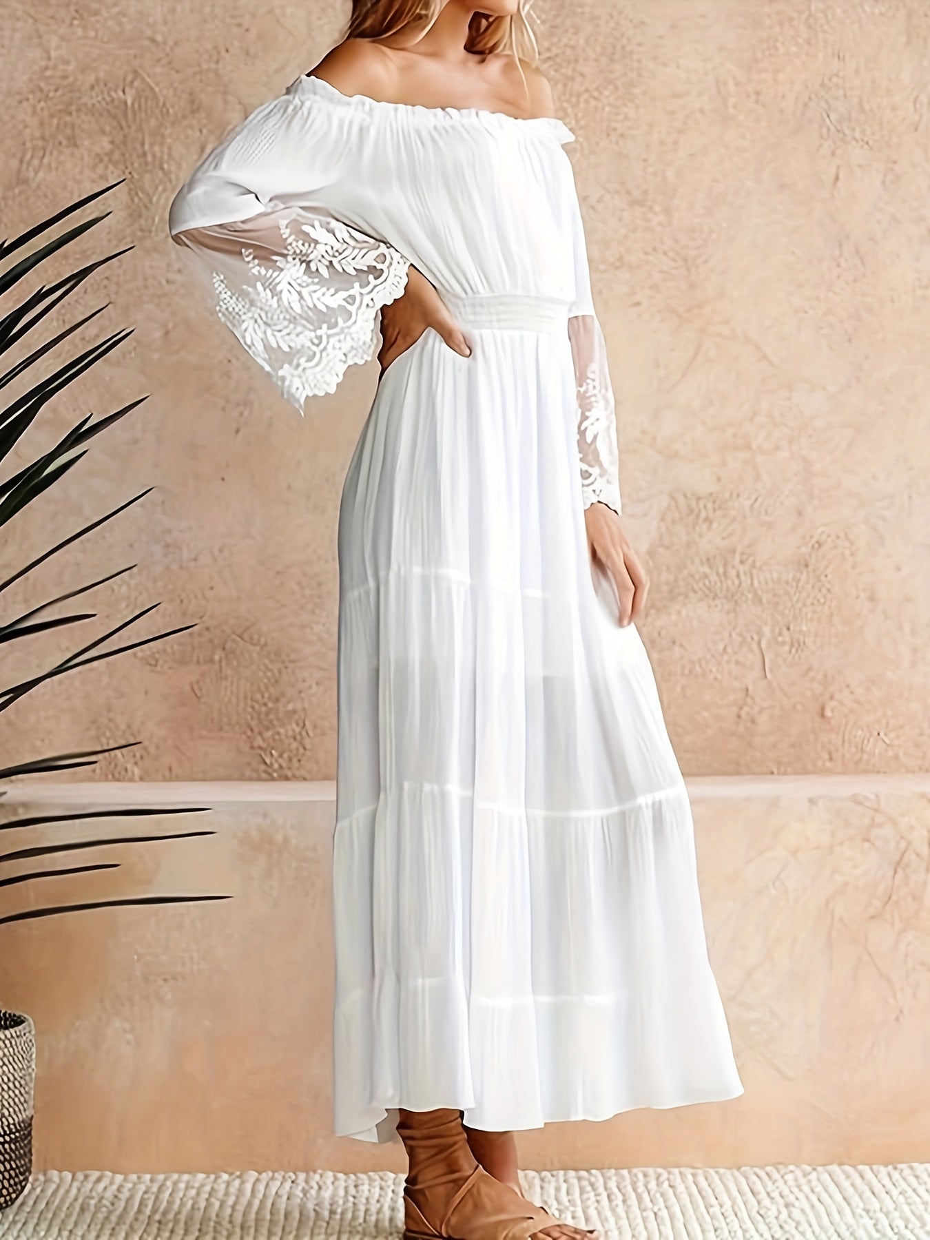 Dorien | Elegante Off-Shoulder Maxi Jurk met Kant en Wijde Mouwen