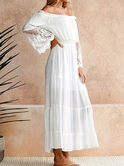 Dorien | Elegante Off-Shoulder Maxi Jurk met Kant en Wijde Mouwen
