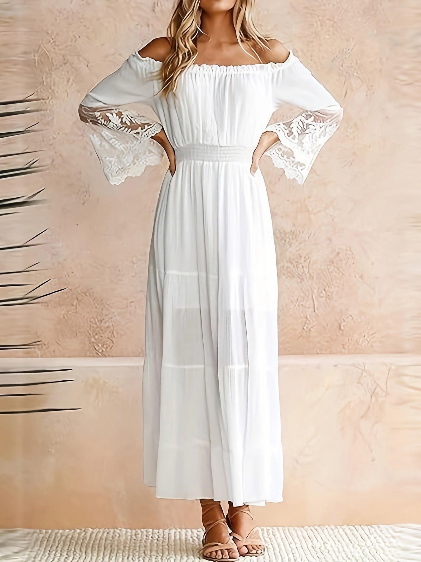Dorien | Elegante Off-Shoulder Maxi Jurk met Kant en Wijde Mouwen