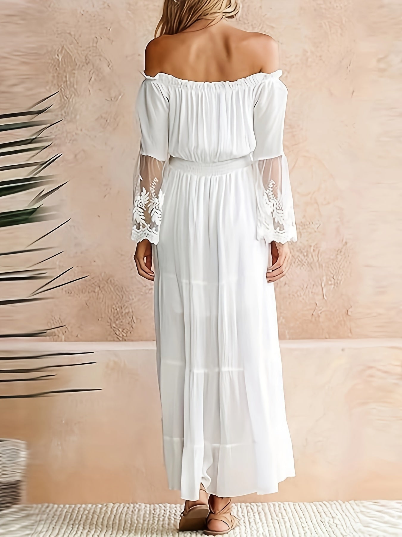 Dorien | Elegante Off-Shoulder Maxi Jurk met Kant en Wijde Mouwen