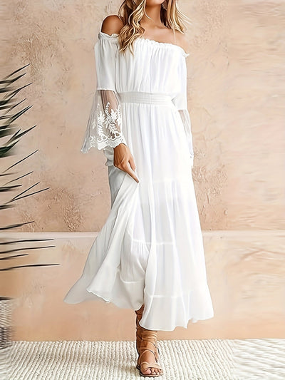 Dorien | Elegante Off-Shoulder Maxi Jurk met Kant en Wijde Mouwen