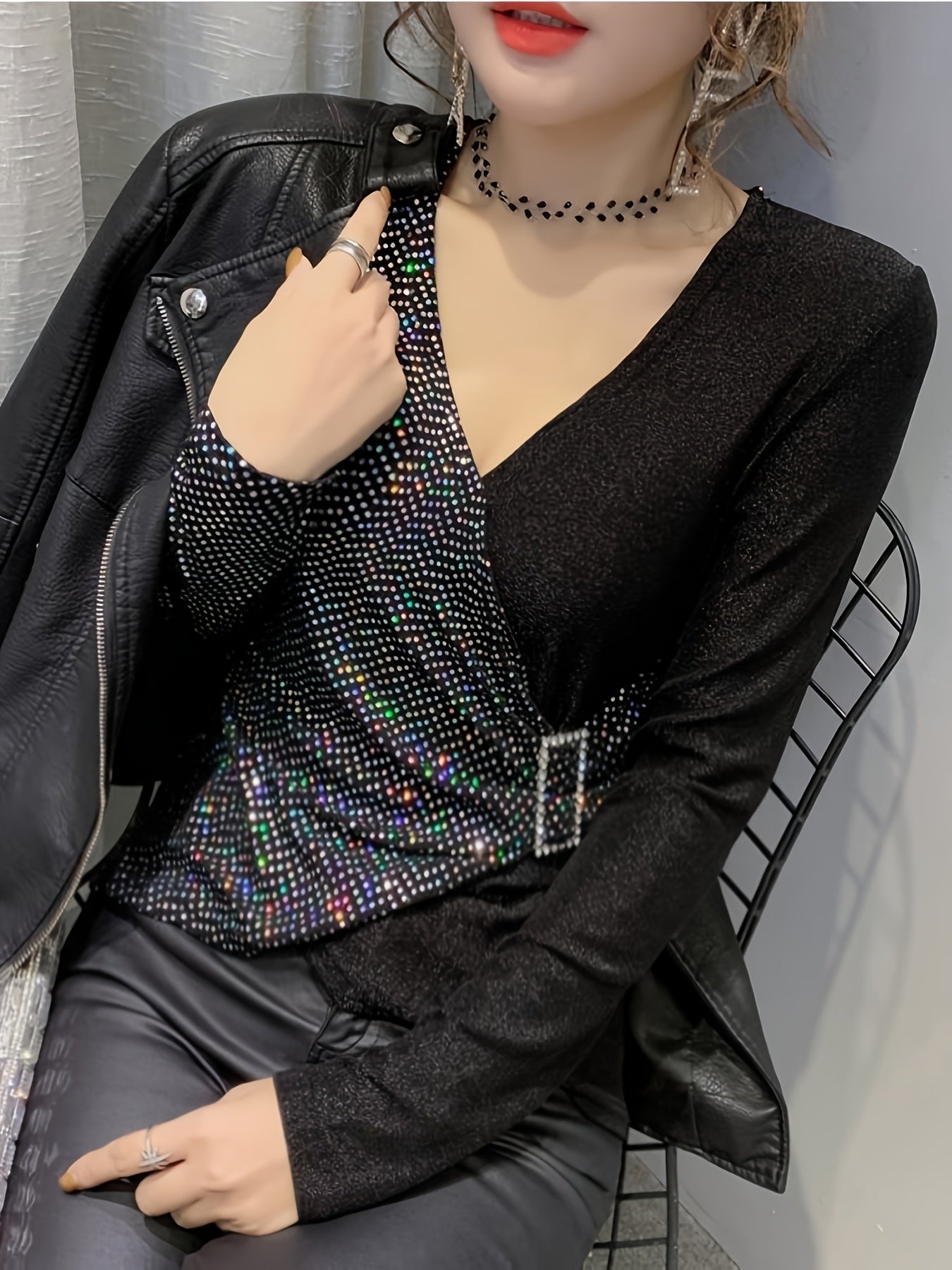 Eliana | Elegant Sequin V-Neck Top with Buckle