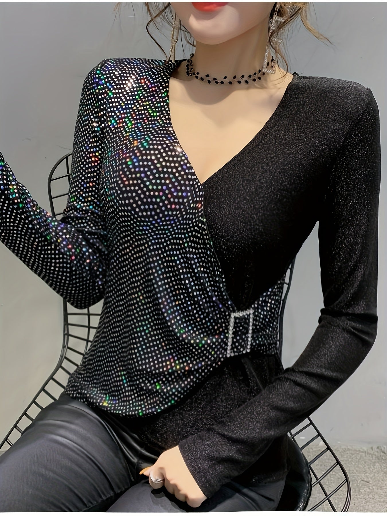 Eliana | Elegant Sequin V-Neck Top with Buckle