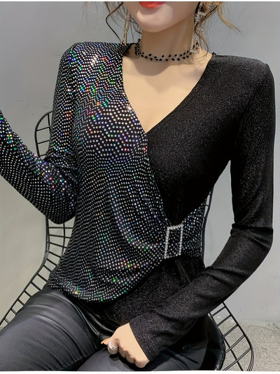 Eliana | Elegant Sequin V-Neck Top with Buckle