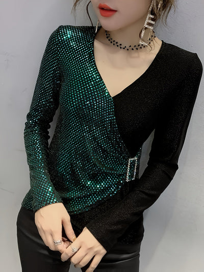 Eliana | Elegant Sequin V-Neck Top with Buckle