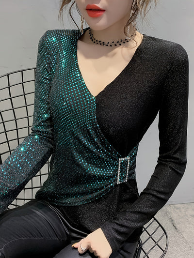 Eliana | Elegant Sequin V-Neck Top with Buckle