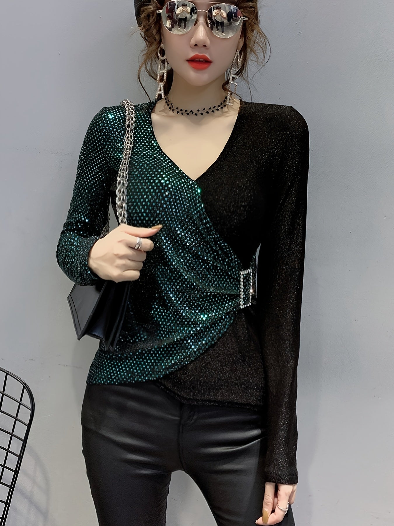 Eliana | Elegant Sequin V-Neck Top with Buckle
