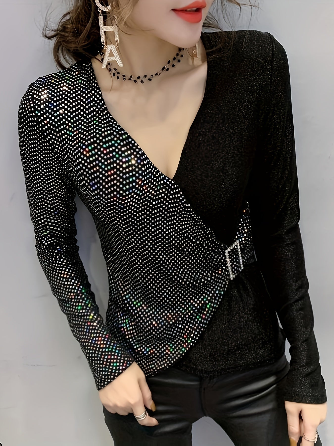 Eliana | Elegant Sequin V-Neck Top with Buckle