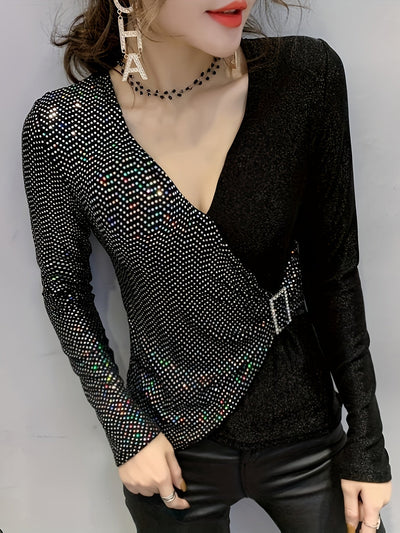 Eliana | Elegant Sequin V-Neck Top with Buckle