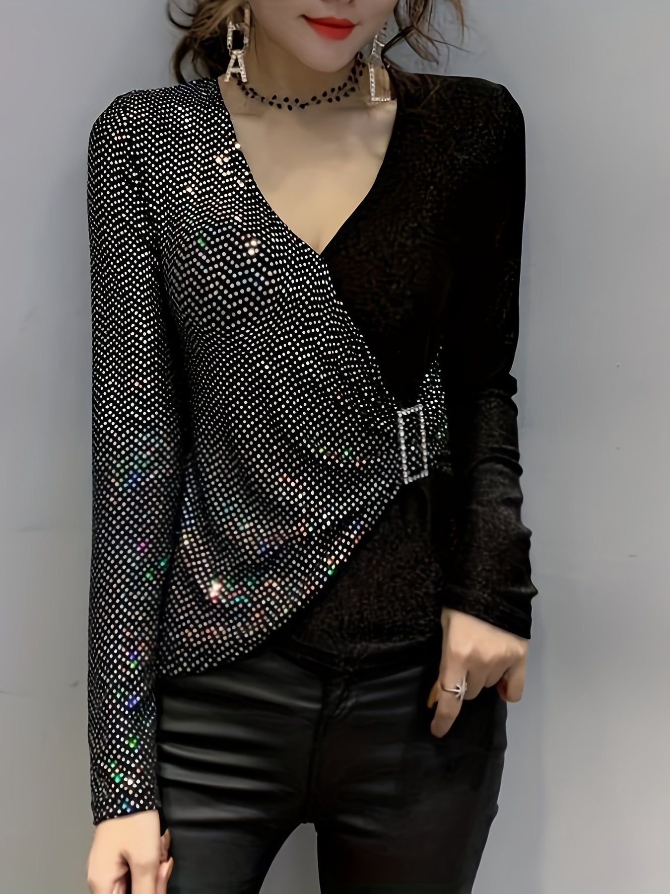 Eliana | Elegant Sequin V-Neck Top with Buckle