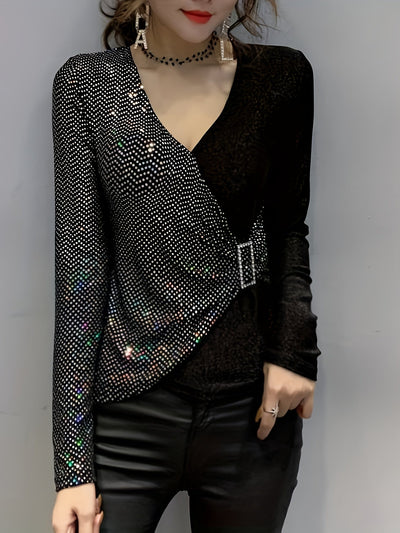 Eliana | Elegant Sequin V-Neck Top with Buckle