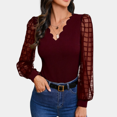 Helisara - Elegant V-Neck Top with Scallop Edges